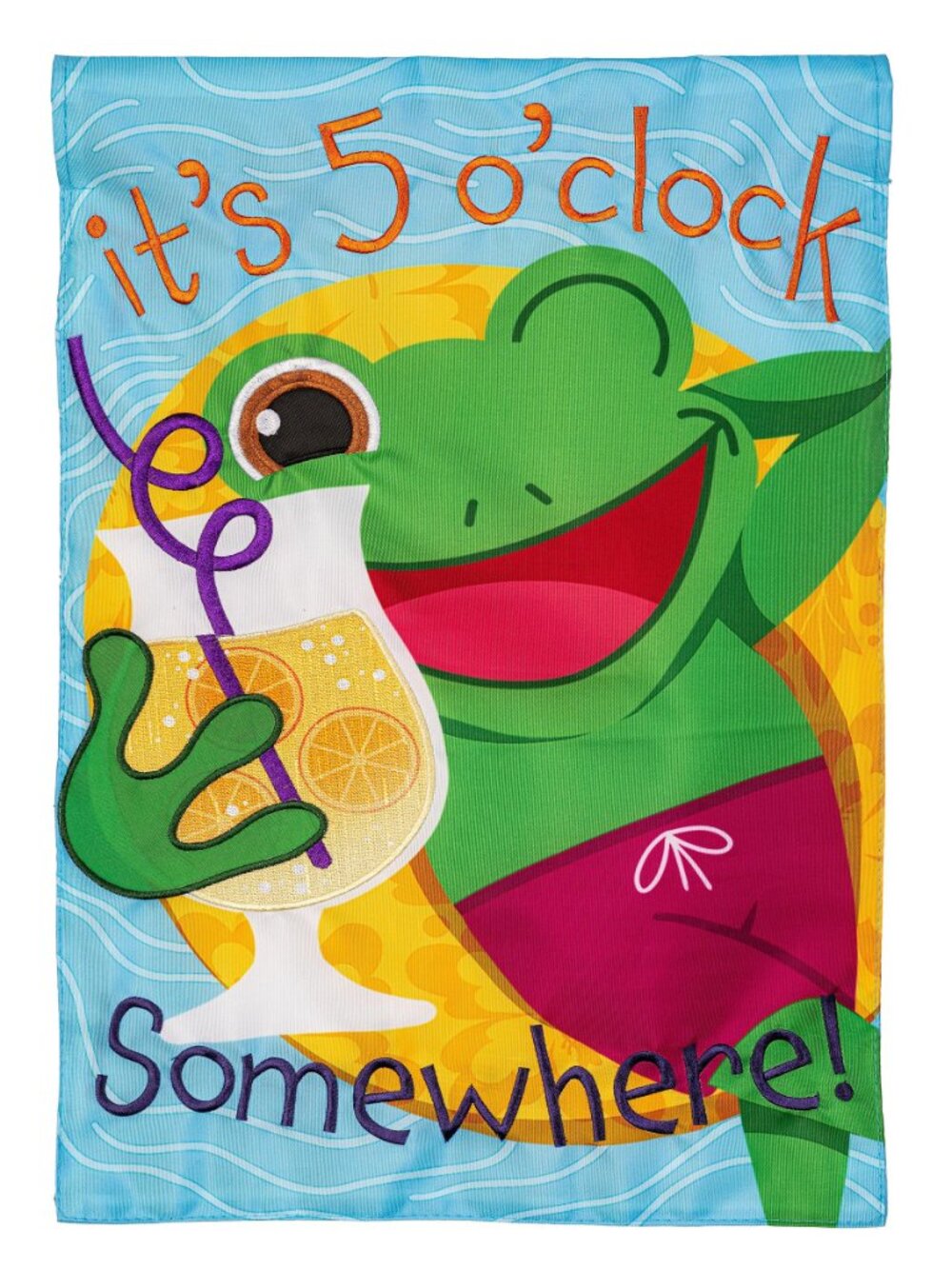 5 O'Clock Frog Applique Garden Flag -2 Sided Message, 12.5" x 18"
